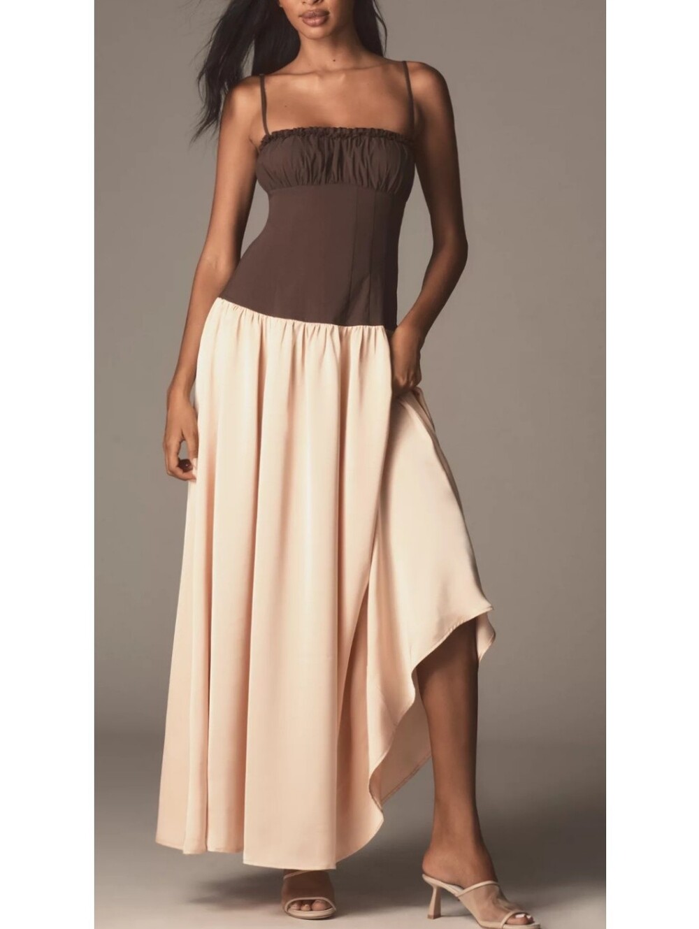 NWT! Anthropologie WeWoreWhat Brown Drop-Waist Corset Maxi Dress L